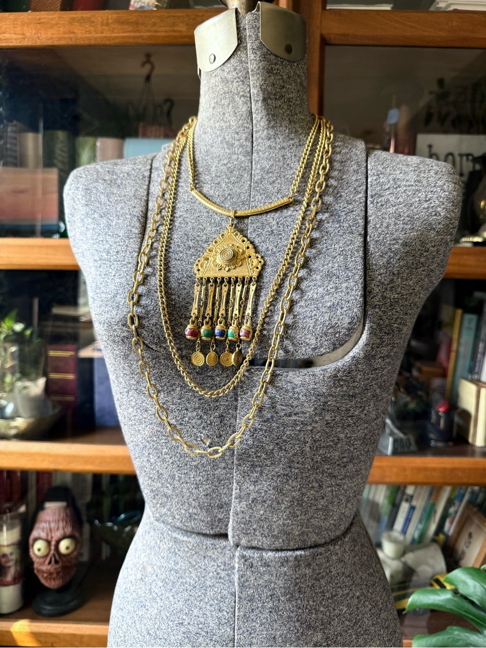 Egyptian Revival Gold Tone Multi-Layer Statement Necklace with Colorful Accents